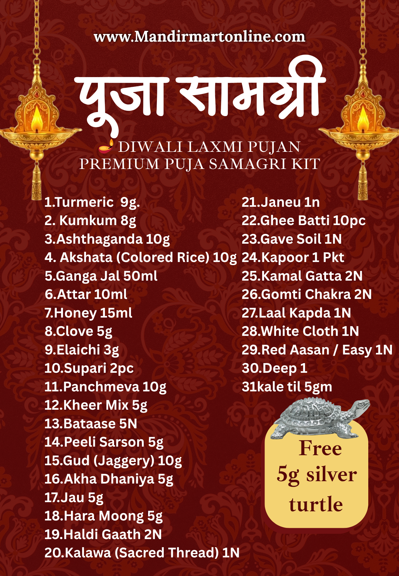 Diwali Laxmi Pujan Premium Puja Samagri Kit | Complete Pooja Set with Free 5g Silver Turtle | Mandir Mart Online - Image 2
