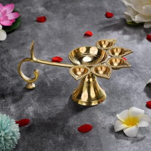 Divine Tales Golden Brass Panchdeep Diya | 5 Wick Panch Aarti Lamp with Metal Holder | Traditional Pancharti Oil Lamp for Pooja, Aarti & Home Temple Decor