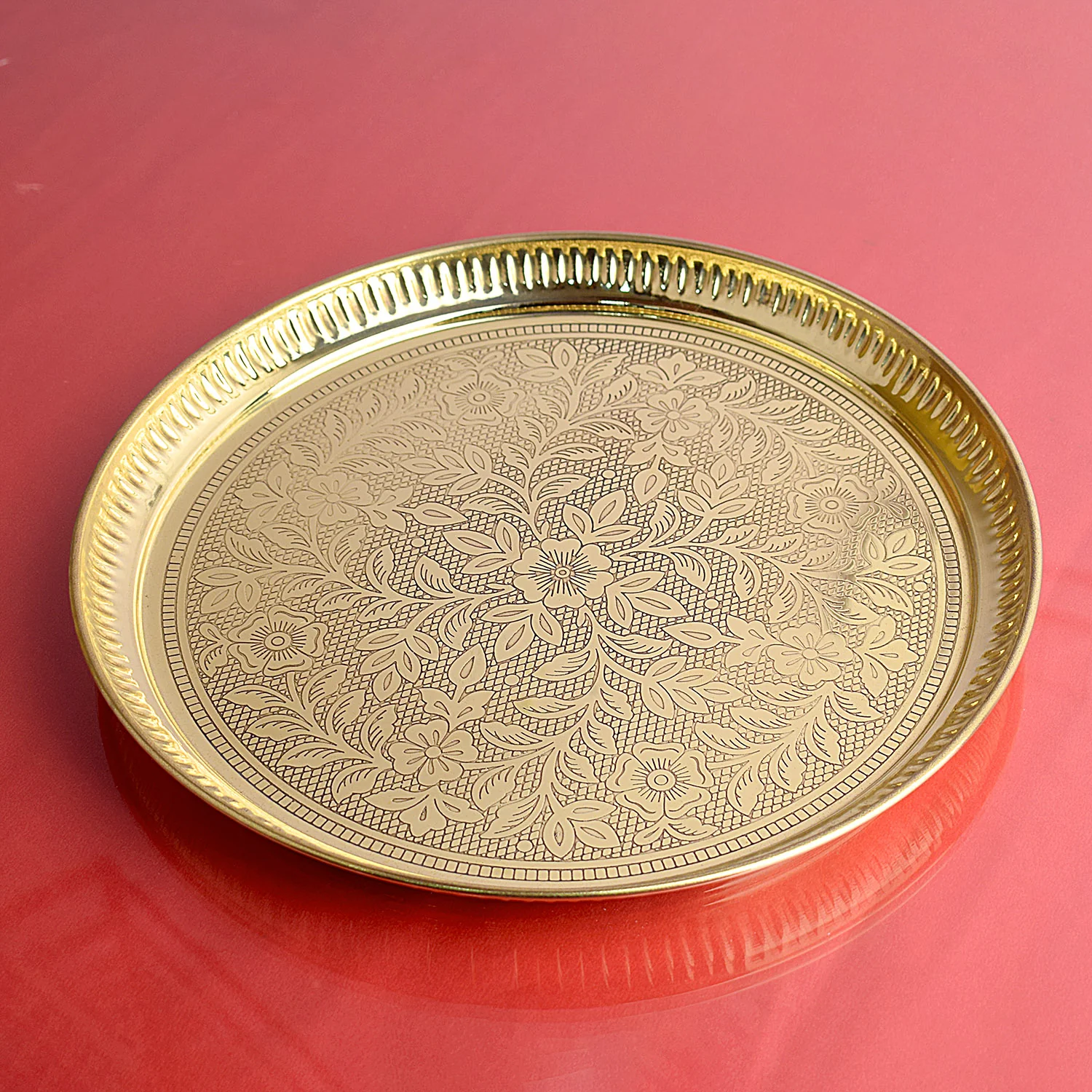 Traditional Vintage Brass Floral Thali - Image 3